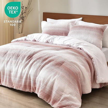 PHF Ultra Soft Yarn Dyed Waffle Weave Comforter Set King Size, 3 Pieces Lightweight Breathable Comfy Bedding Set, Comfy Textured 1 Comforter with 2 Pillow Shams, White and Brick