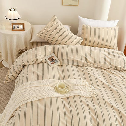 ECOCOTT Duvet Cover King Size - Linen Feel Organic Natural 100% Washed Cotton, Soft Breathable & Durable Bedding Set, Comfy Stripe Design for All Seasons