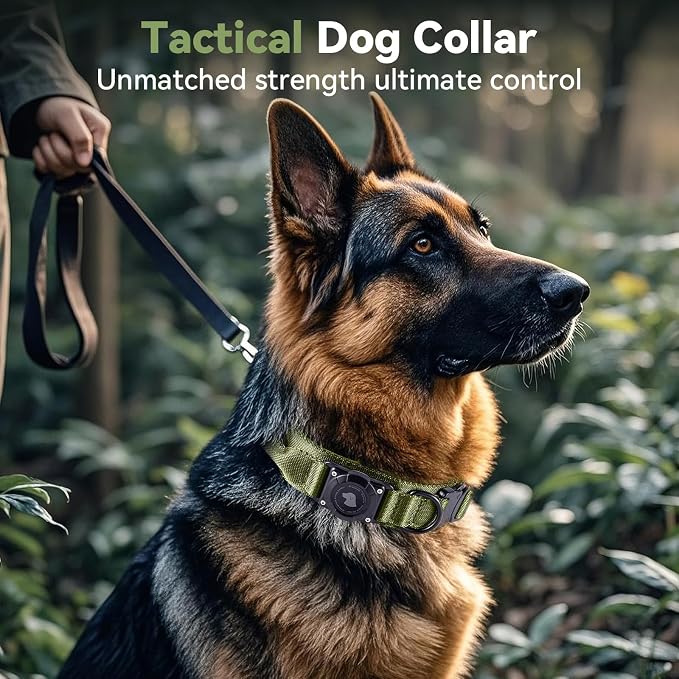 2026 Upgrade Waterproof Tactical AirTag Dog Collar, Built in AirTag Holder | Comfortable Control Handle, Quick Release Metal Buckle, Durable 1000D Nylon, For Medium to Large Dogs, Army Green, L