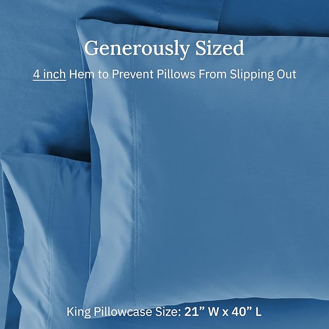 King Size Pillows Cases Set of 2-600 Thread Count Sateen, Natural 100% Cotton Pillowcases King, Crisp, Durable Premium-Feel Bedding - Parisian Blue