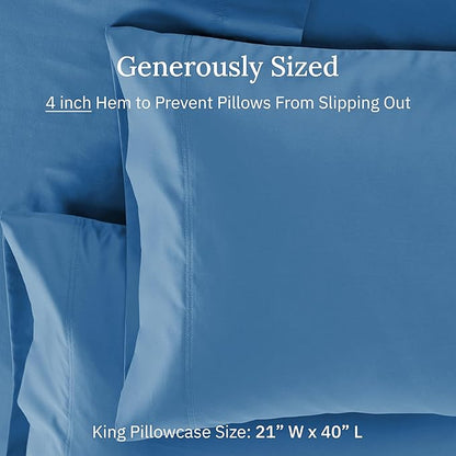 King Size Pillows Cases Set of 2-600 Thread Count Sateen, Natural 100% Cotton Pillowcases King, Crisp, Durable Premium-Feel Bedding - Parisian Blue