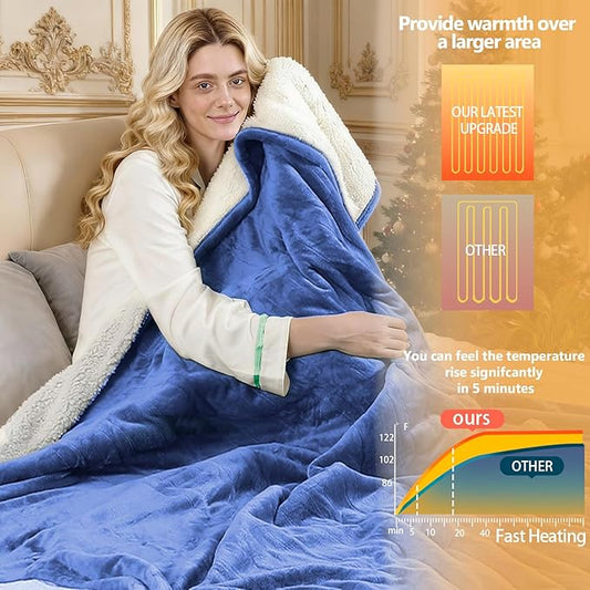 Electric Heated Blanket Queen Size 84''x90'' - Dual-Control Heating Blanket, Soft & Warm Flannel 10-Level Temperature Control, 8 Hours Auto Off, Rapid Heating & Overheat Protection