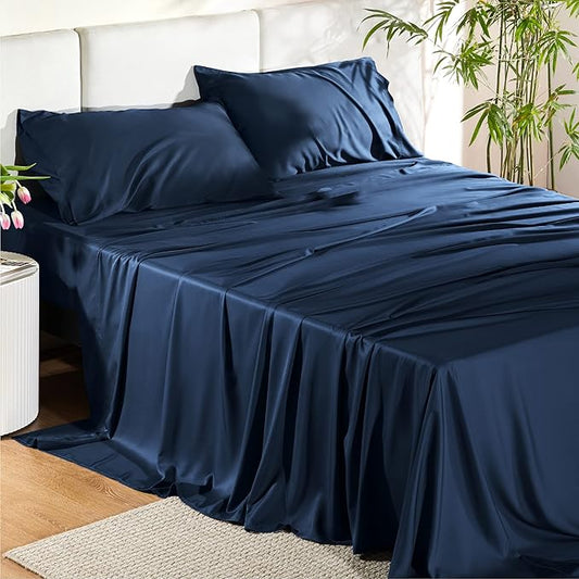 Bedsure California King Sheet Sets, Cooling Sheets for Hot Sleepers, Rayon Derived from Bamboo, PureWoven, Breathable & Soft, Deep Pocket Up to 16 Inches, Hotel Luxury Silky Bedding, Navy