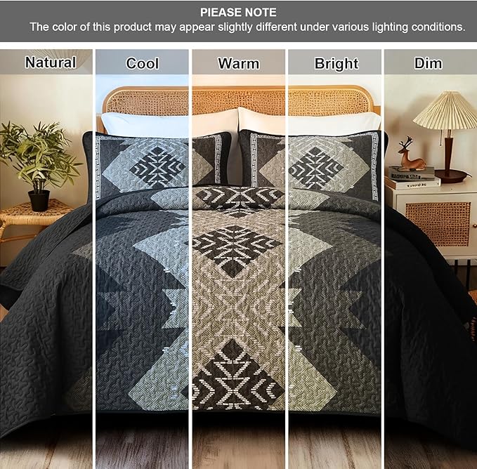 Dintszyayue Boho Quilt Set King Size, Black Aztec Texture Bedspread Set, 3 Pieces Texture Southwestern Bedding Set, Soft Lightweight Coverlet Set for All Season Bedding with 2 Pillowcases