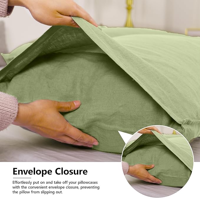 Simple&Opulence 100% Linen Pillowcases Basic Style Solid Color Set of 2, Queen Size Stone Washed Flax Pillow Cover Envelope Closure (20''x30'', Sage Green)