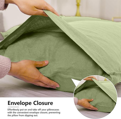 Simple&Opulence 100% Linen Pillowcases Basic Style Solid Color Set of 2, Queen Size Stone Washed Flax Pillow Cover Envelope Closure (20''x30'', Sage Green)