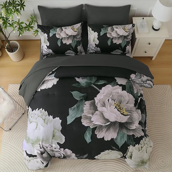 Dobuyly Black Comforter Set King Size 7 Piece Bed in a Bag, Floral Comforter Set with Sheets, Soft Microfiber Botanical Flower Bedding Set for All Season