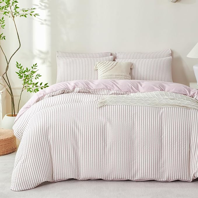 King Size Comforter Set Striped Light Purple Soft Luxury Washed Microfiber Jacquard 3 Pieces Bedding Purple Vertical Ticking Stripes Comforter with 2 Pillowcases Breathable Durable Comfy