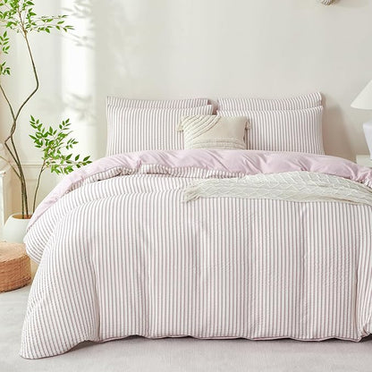 King Size Comforter Set Striped Light Purple Soft Luxury Washed Microfiber Jacquard 3 Pieces Bedding Purple Vertical Ticking Stripes Comforter with 2 Pillowcases Breathable Durable Comfy