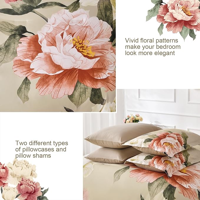 Dobuyly Queen Comforter Set 7 Piece Bed in a Bag, Pink Floral Printed on Khaki Comforter Set with Sheets, Soft Microfiber Botanical Farmhouse Bedding Set for All Season