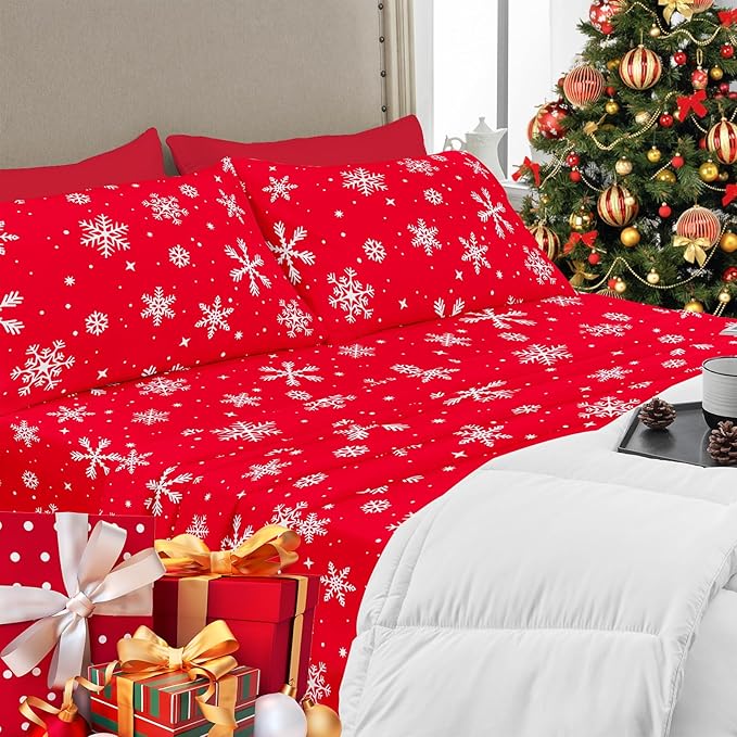 YIYEA Christmas Pillow Cases Queen Size Set of 4, Ultra Soft Double Brushed Microfiber Red Pillowcases and Christmas Snowflake Pillow Covers, Envelope Closure, Fade Resistant (20"x30")