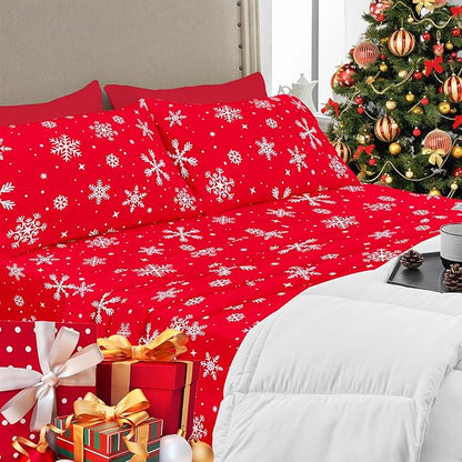 YIYEA Christmas Pillow Cases Queen Size Set of 4, Ultra Soft Double Brushed Microfiber Red Pillowcases and Christmas Snowflake Pillow Covers, Envelope Closure, Fade Resistant (20"x30")