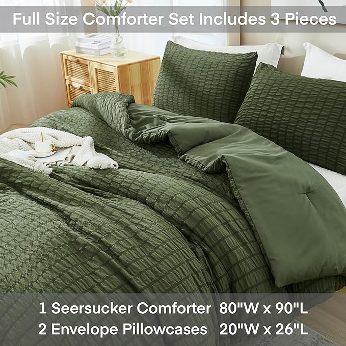 AveLom Dark Olive Green Seersucker Full Comforter Set (80x90 inches), 3 Pieces-100% Soft Washed Microfiber Lightweight Comforter with 2 Pillowcases, All Season Down Alternative Bedding Set