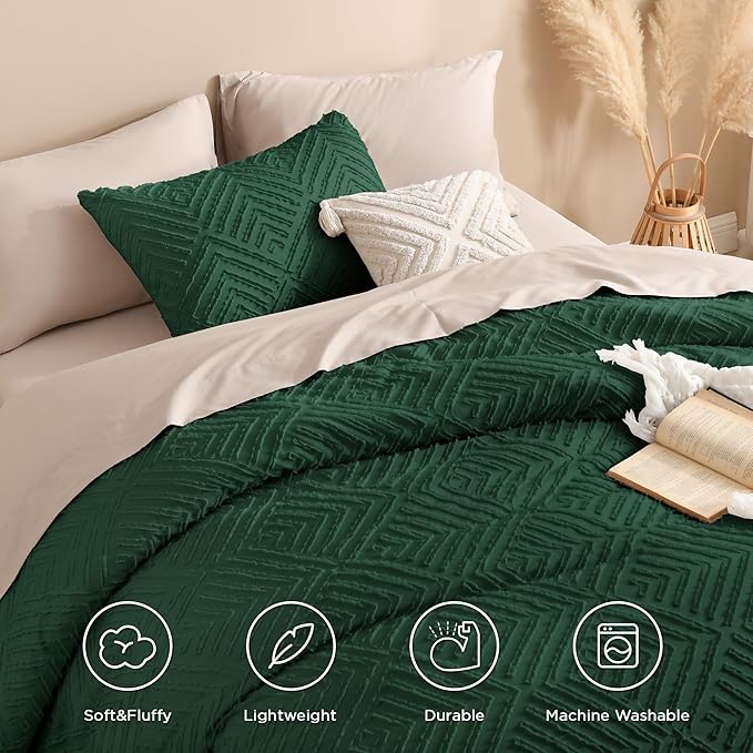 Andency Dark Emerald Green Comforter King Size Set, 3 Pieces Boho Bedding Set & Collections, Farmhouse Tufted Forest Green Bedding Comforter Sets for King Bed (1 Comforter 104x90In, 2 Pillowcases)