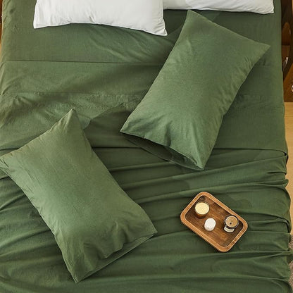 Bedlifes 100% French Linen Sheets Queen Size 18-24”Extra Deep Pocket 4-Piece Set Breathable & Moisture-Wicking,Soft & Durable Sheets for Thick Mattresses(Forest Green)