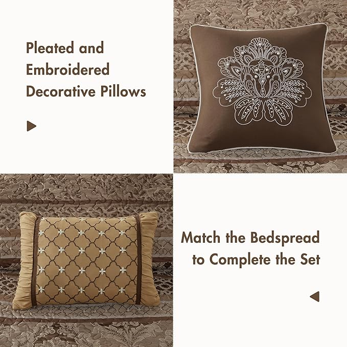Madison Park Bellagio Reversible Quilted Bedspread Set, Solid Reverse Summer Breathable, Lightweight All Season Bedding Layer, Matching Shams, Bedspread Queen(102"x118"), Brown 5 Piece