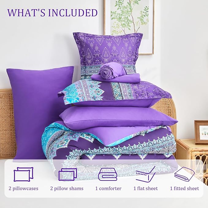 Boho Comforter Set Queen - 7 Pieces Bed in a Bag, Bohemian Striped Comforter Set with Sheets, Soft Microfiber Purple Floral Bedding Set for All Season