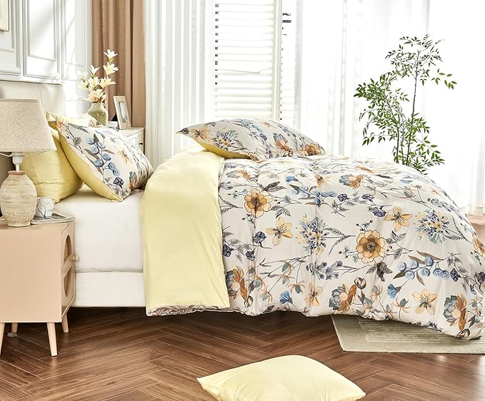 Queen Size Duvet Cover Set with Button Closure - Blue and Yellow Botanical Luxury Bedding for a Comfortable Sleeping