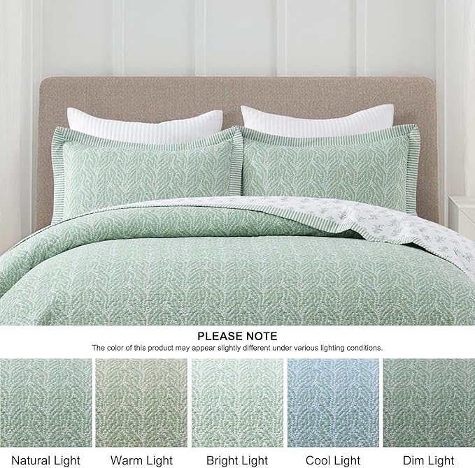 SahSahCasa Quilt Set King Size, 100% Cotton Quilt Bedding Set Bedspread, Botanical Pattern Solid Color Chic Lightweight Quilted Comforter for King Bed, White/Green, All Season, 3 Pieces