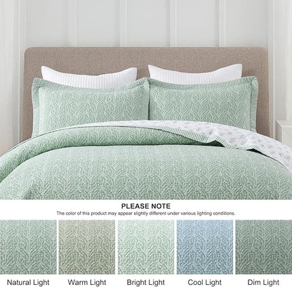 SahSahCasa Quilt Set King Size, 100% Cotton Quilt Bedding Set Bedspread, Botanical Pattern Solid Color Chic Lightweight Quilted Comforter for King Bed, White/Green, All Season, 3 Pieces