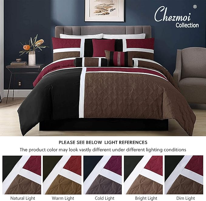 Chezmoi Collection Upland 7-Piece Quilted Patchwork Comforter Set, Burgundy/Black/Brown, Queen