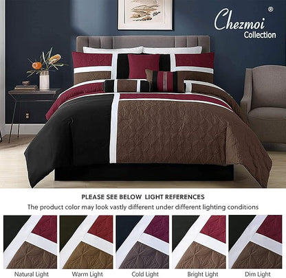 Chezmoi Collection Upland 7-Piece Quilted Patchwork Comforter Set, Burgundy/Black/Brown, Queen