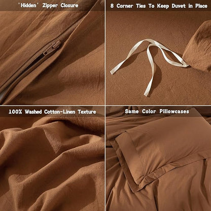 100% Washed Cotton Dark Orange Duvet Cover Super Queen Size Bedding Set Cover 1 Duvet Cover with Zipper Closure and 2 Pillowcases, 98inch x 90inch