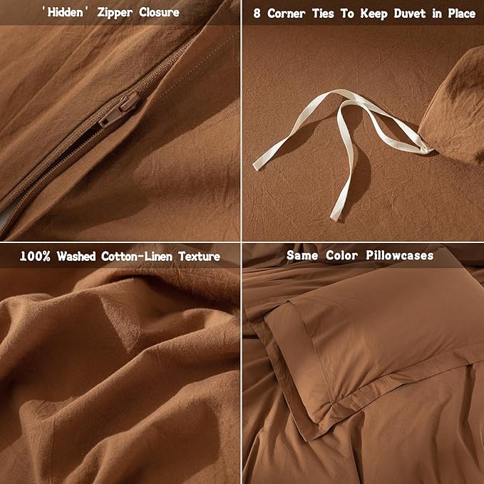 100% Washed Cotton Dark Orange Duvet Cover Queen Size Bedding Set Cover 1 Duvet Cover with Zipper Closure and 2 Pillowcases, 90inch x 90inch