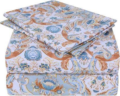 JSD Vintage Paisley Printed Sheet Set Queen Size, 4 Piece Soft Pattern Microfiber Sheets Extra Deep Pocket