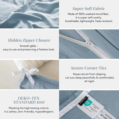 MILDLY Super Soft Duvet Cover - 100% Washed Microfiber Haze Blue Comforter Cover Set 3 Pieces with Zipper Closure & Corner Ties (No Comforter)