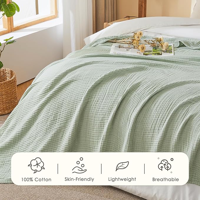 EMME Cotton Muslin Twin XL Blanket Breathable Gauze Soft Lightweight Blankets Adults Gifts for Women (Heather Sage Green, 66"x90")