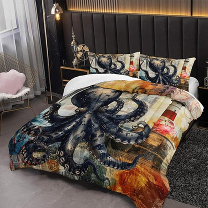 Octopus Comforter Set Queen Port Lighthouse Bedding Sets 3PCS for Kids Teen Adult Ocean Room Decor Ultra-Soft Lightweight Microfiber 1 Comforter with 2 Pillowcases