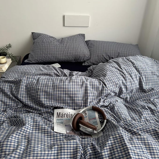 Navy Blue Gingham Duvet Cover King Washed Cotton Plaid Comforter Cover King Size Farmhouse Soft Breathable Checkered Duvet Cover Set with Zipper Vintage Boho Bedding Set Neutral Duvet Protector