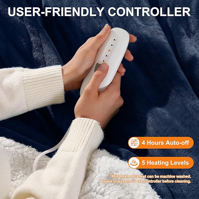 Electric Throw Heating Blankets 50X60in - Fleece Heated Throw Washable with 5 Heating Level & 4 Hour Auto Off Small Heated Blanket for Office, Chair Blanket for Winter, Great Gift Ideas(Navy Blue)
