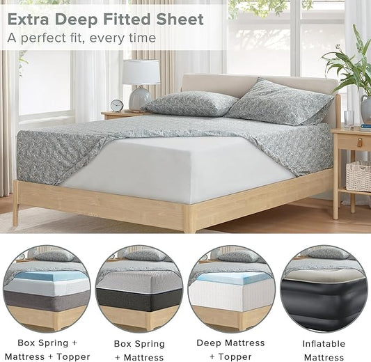 Comfort Spaces Extra Deep Pocket, 100% Cotton King Fits up to 24" Mattress, Breathable, Naturally Cool Cotton, Soft Cotton Sheets, All Seasons Sheet Set, Paisley 4 Piece