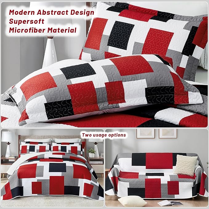 3 Piece Red Black Grey Quilt Set California King Size Red White Geometric Reversible Bedding Set Microfiber Lightweight Bedspread Coverlet with 2 Shams Bed Cover for All Season, 118''x106''