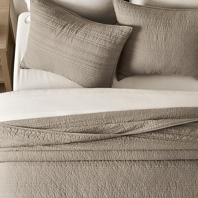 EVERGRACEHOME 100% Cotton Modern Lines Quilt Set Queen Size, Pre-Washed Soft Striped Coverlet Bedspread, 3 Piece Lightweight Bedding Set for All Season, with 2 Pillow Shams, Stone Taupe