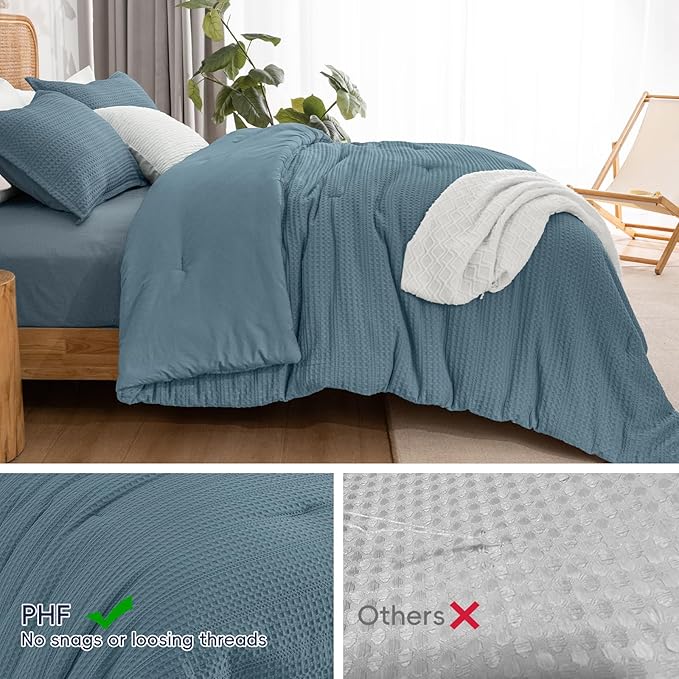 PHF Soft Waffle Comforter Set Queen Size- Comfy Breathable Waffle Weave Comforter with 2 Pillow Shams, 3 Pieces Less Snagging Lightweight Textured Bedding Set for All Season, Stormy Blue