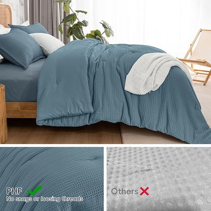 PHF Soft Waffle Comforter Set Queen Size- Comfy Breathable Waffle Weave Comforter with 2 Pillow Shams, 3 Pieces Less Snagging Lightweight Textured Bedding Set for All Season, Stormy Blue