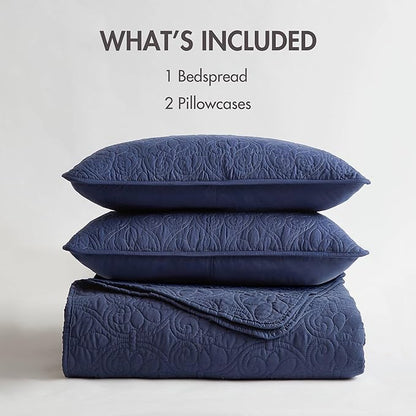 Madison Park Quebec Reversible Quilt Set Damask Design, Double Sided Stitching All Season, Lightweight Bedspread Bedding Set, Matching Sham, Navy, Twin(81"x110") 2 Piece