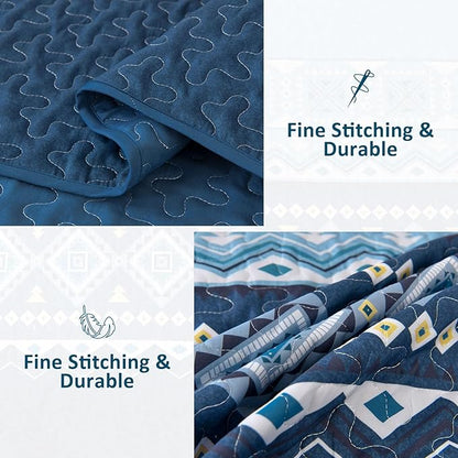 WONGS BEDDING Blue Quilt Set Queen,Boho 3 Pieces Bedspread Coverlet Set with Geometry Printed for All Season,Lightweight Morden Bohemian Bedding Set 96"×90"