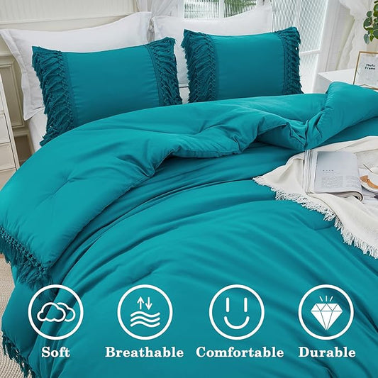 Andency Turquoise Comforter Set King, 3 Pieces Boho Tassel Lightweight Soft Bedding Comforter Sets for King Bed, All Season Fluffy Fringe Bed Set (104x90In Comforter & 2 Pillowcases)