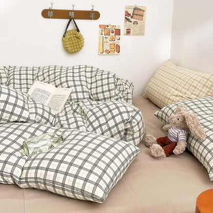 EAVD Vintage Style Plaid Gingham Duvet Cover Full Soft 100% Washed Cotton Grey&Green Grid Checkered Bedding Set with 2 Pillowcases Farmhouse Geometric Pattern Duvet Cover with Zipper Closure