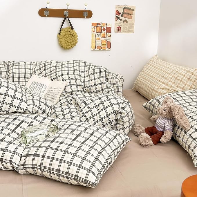 EAVD Vintage Style Plaid Gingham Duvet Cover Queen Soft 100% Washed Cotton Grey&Green Grid Checkered Bedding Set with 2 Pillowcases Farmhouse Geometric Pattern Duvet Cover with Zipper Closure