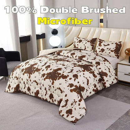 PERFEMET 3 Pieces Cow Print Queen Comforter Set, Brown and Beige Teens Boys Girls Bedding Set, Farmhouse Western Comforter Set for Queen Size Bed (Beige,Queen)