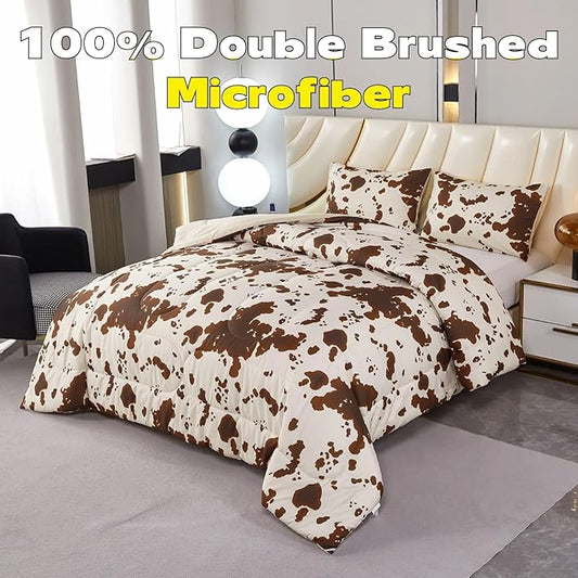 PERFEMET Cow Print King Size Comforter Set Brown and Beige Western Bedding Set Cartoon Animal Pattern Farmhouse Bed Set for Teens Boys Girls Men Women (Beige,King)
