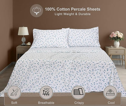 ZOYER 100% Cotton Sheets – California King Percale Bedding, Cooling & Breathable, Durable with a Crisp, Soft & Comfortable Feel, 14" Deep Pocket, 4-Piece Set, La Laa Flower