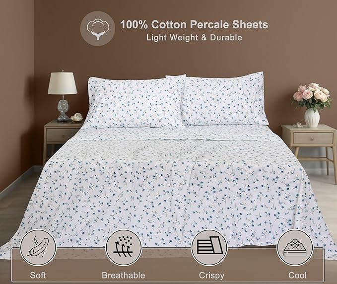 ZOYER 100% Cotton Sheets – Full Size Percale Bedding, Cooling & Breathable, Durable with a Crisp, Soft & Comfortable Feel, 16" Deep Pocket, 4-Piece Set, La Laa Flower