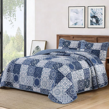 Dobuyly Boho Quilt Set King Size Navy Blue Plaid Patchwork Bedspread Coverlet Set, 3 Pieces Summer Quilt Bedding Set Soft Lightweight Navy Print Boho Bed Cover for All Seasons 110"x90"