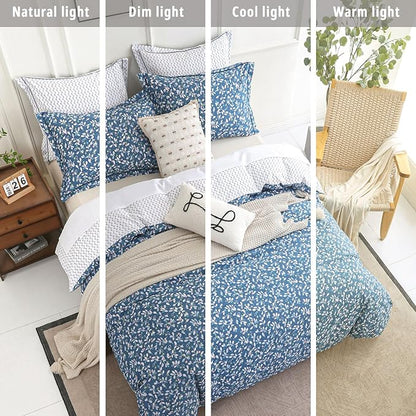 Blue Floral Cotton Comforter Queen Size - White Leaves with Delicate Soft Green & Blush Floral Print, Blue Chevron on White Reverse – 3PC Lightweight Bedding Set with Soft Fill(90"×90")